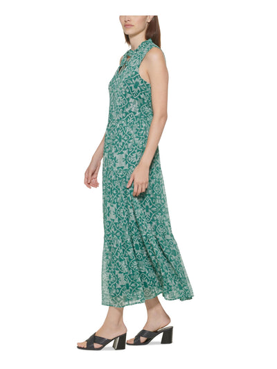 CALVIN KLEIN Womens Green Cut Out Pullover Tiered Lined Printed Sleeveless Tie Neck Maxi Wear To Work Fit + Flare Dress 2