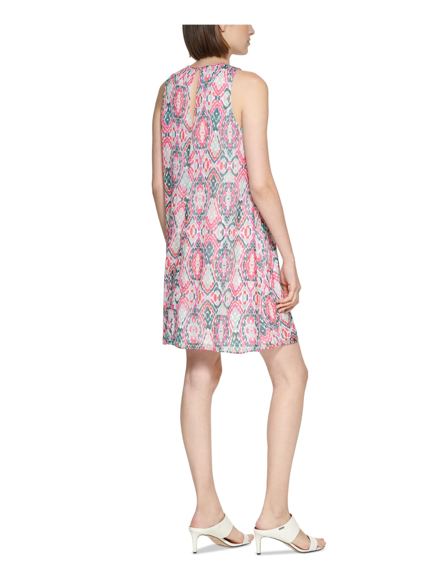 CALVIN KLEIN Womens Pink Printed Sleeveless Round Neck Above The Knee Shift Dress 8