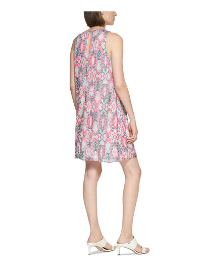 CALVIN KLEIN Womens Pink Printed Sleeveless Round Neck Above The Knee Shift Dress 8