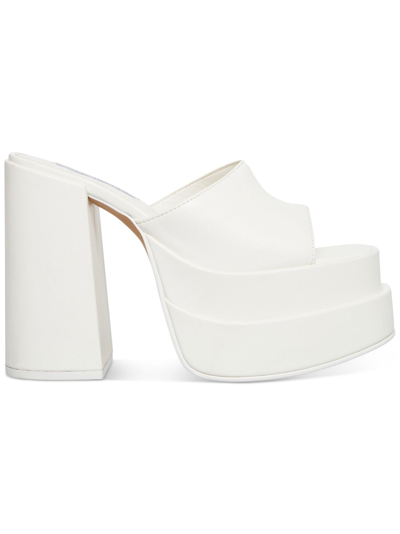 STEVE MADDEN Womens White 2-1/2" Platform Padded Goring Cagey Round Toe Block Heel Slip On Leather Heeled Sandal 10 M