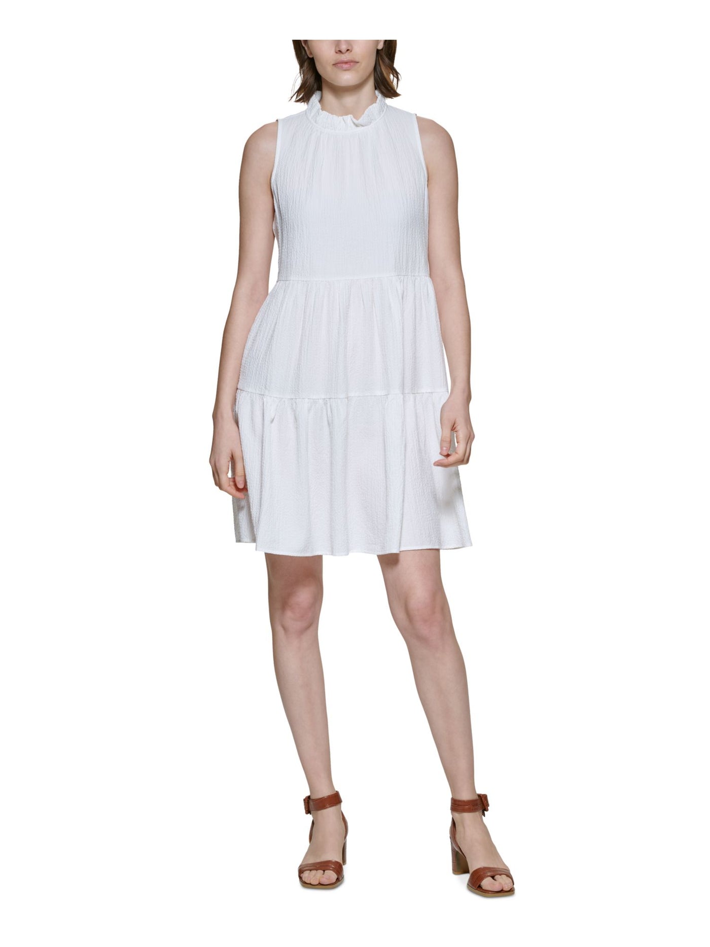 CALVIN KLEIN Womens Ivory Pocketed Ruffled Tiered Keyhole Button Back Sleeveless Mock Neck Above The Knee Fit + Flare Dress 14