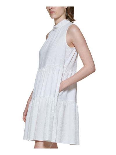 CALVIN KLEIN Womens Ivory Pocketed Ruffled Tiered Keyhole Button Back Sleeveless Mock Neck Above The Knee Fit + Flare Dress 14