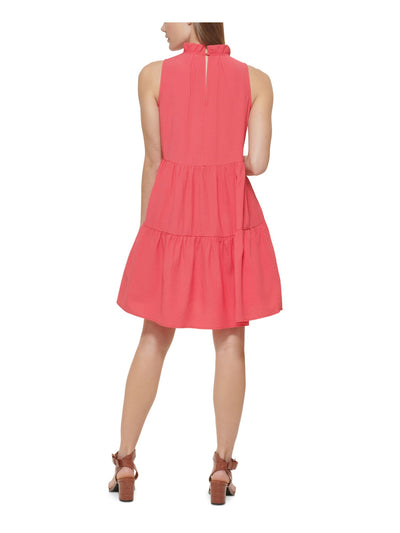 CALVIN KLEIN Womens Pink Pocketed Ruffled Back Button Keyhole Tiered Sleeveless Mock Neck Above The Knee A-Line Dress 6