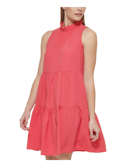 CALVIN KLEIN Womens Pink Pocketed Ruffled Back Button Keyhole Tiered Sleeveless Mock Neck Above The Knee A-Line Dress 10