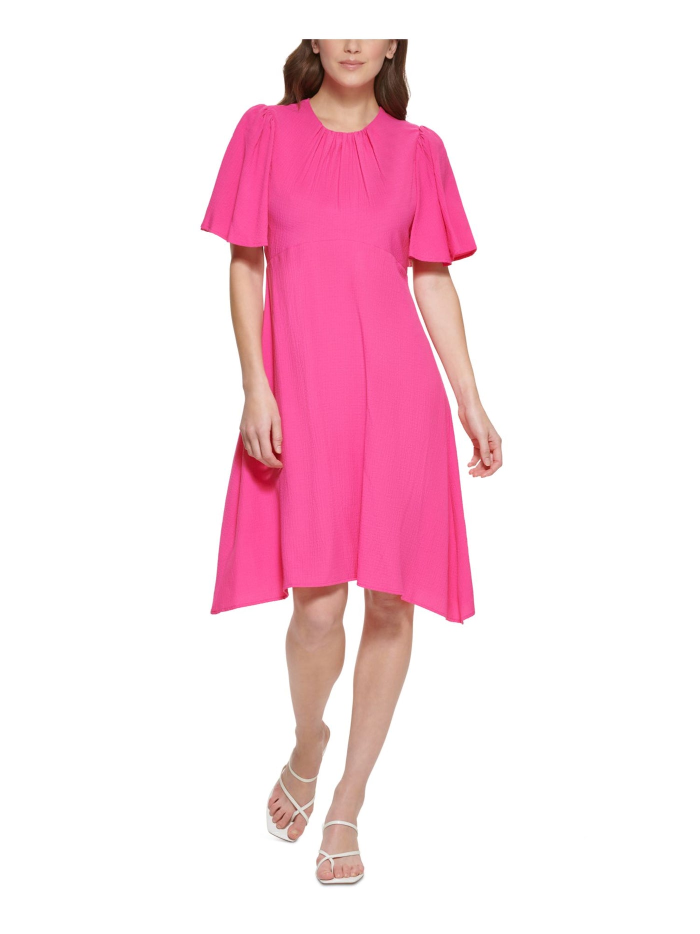 CALVIN KLEIN Womens Pink Textured Zippered Gathered Flutter Sleeve Round Neck Knee Length Party Sheath Dress 4