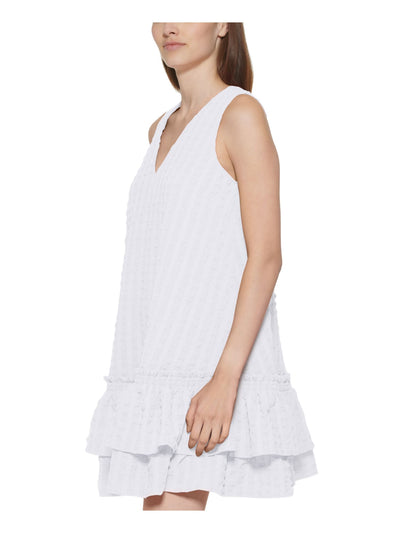 CALVIN KLEIN Womens White Zippered Ruffled V-back Banded Waist Layered Flutter Sleeve V Neck Above The Knee Fit + Flare Dress 12