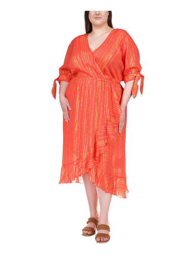 MICHAEL MICHAEL KORS Womens Orange Ruffled Unlined Tie Cuffs Elbow Sleeve Surplice Neckline Midi Wear To Work Faux Wrap Dress Plus 1X