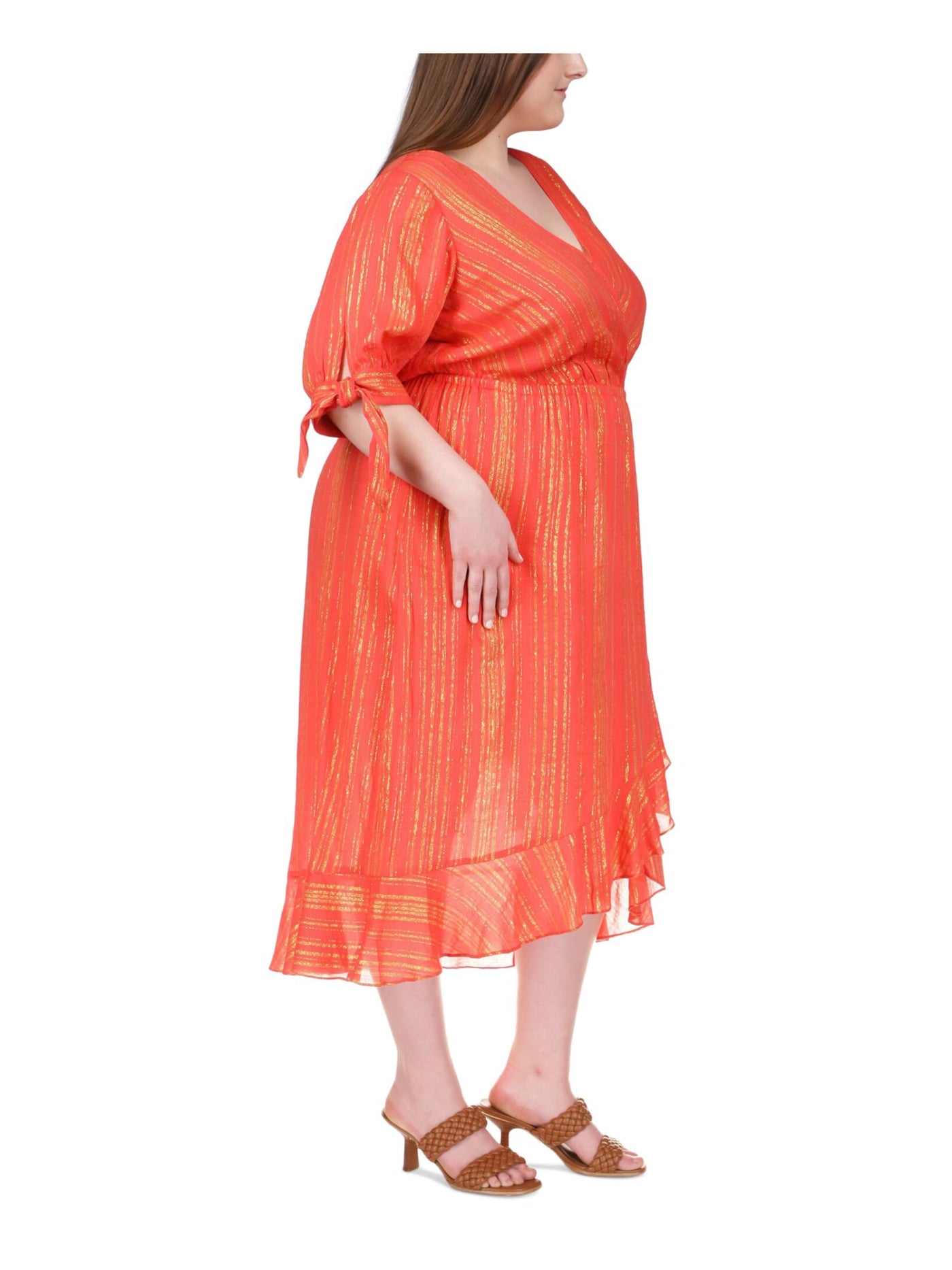MICHAEL MICHAEL KORS Womens Orange Ruffled Unlined Tie Cuffs Elbow Sleeve Surplice Neckline Midi Wear To Work Faux Wrap Dress Plus 1X