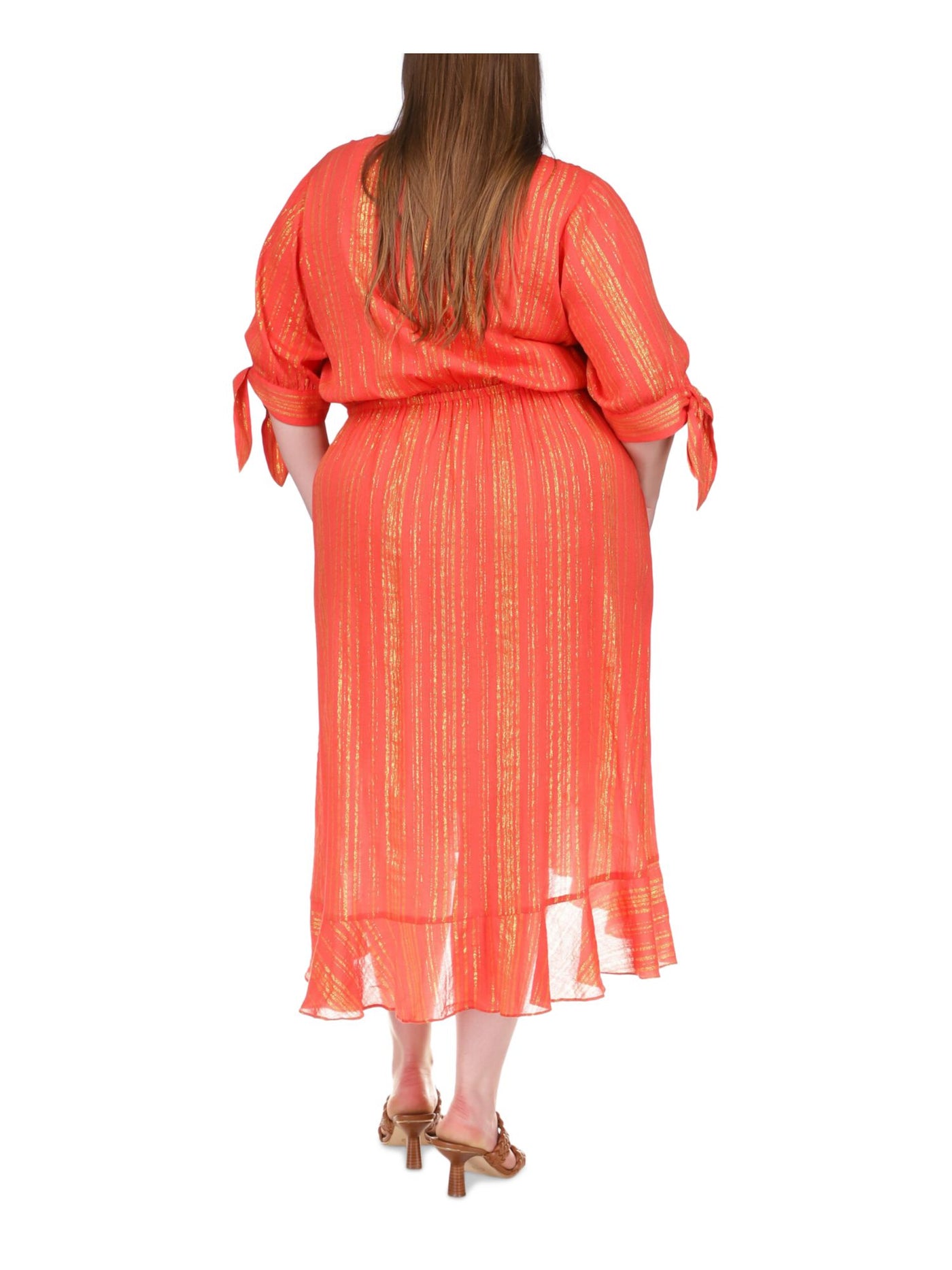 MICHAEL MICHAEL KORS Womens Orange Ruffled Unlined Tie Cuffs Elbow Sleeve Surplice Neckline Midi Wear To Work Faux Wrap Dress Plus 1X