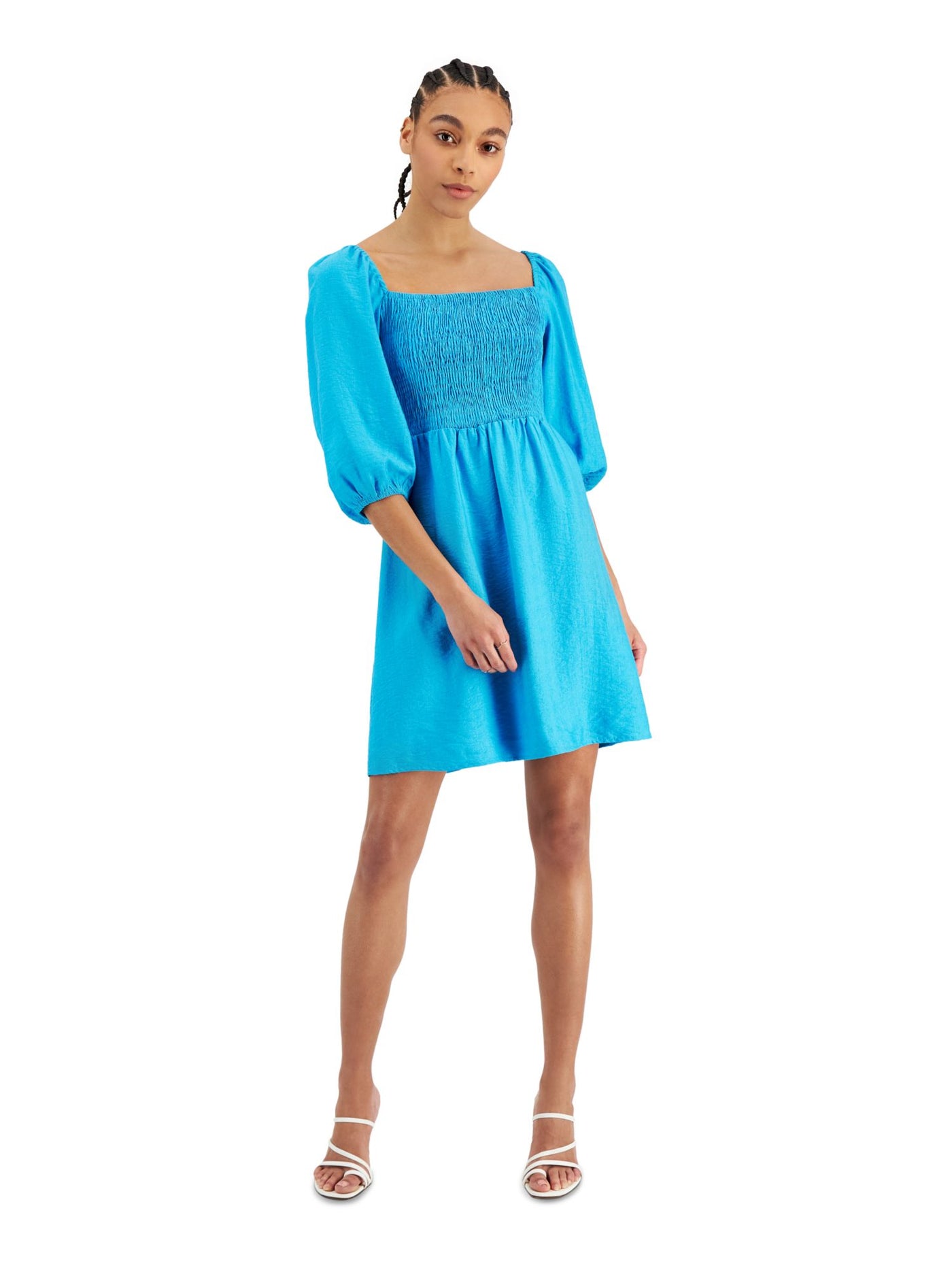 BAR III DRESSES Womens Blue Smocked Textured Elastic Cuffs Pouf Sleeve Square Neck Short Fit + Flare Dress XL