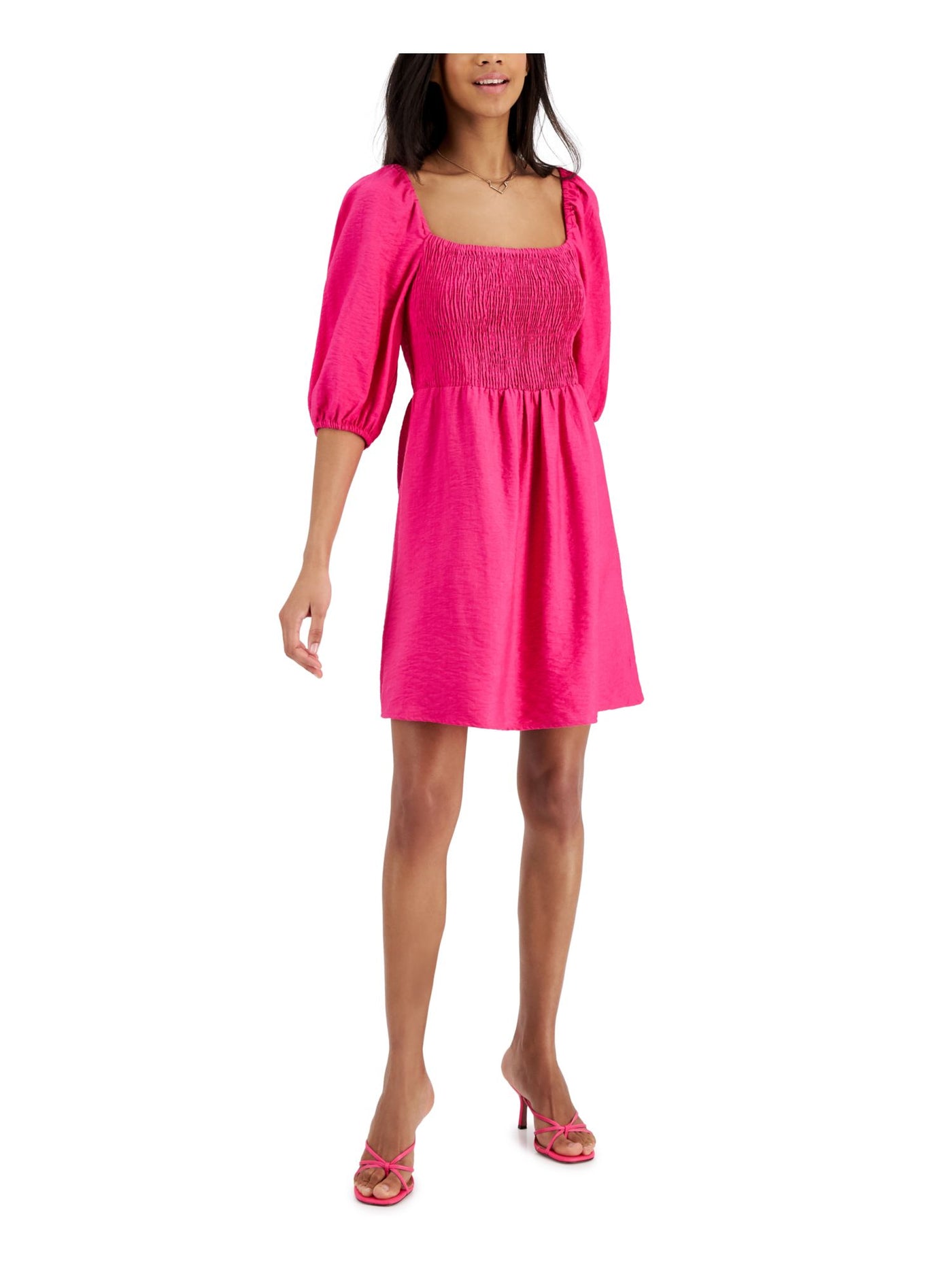 BAR III Womens Pink Smocked Textured Lined Elastic Cuffs Pouf Sleeve Square Neck Above The Knee Fit + Flare Dress M