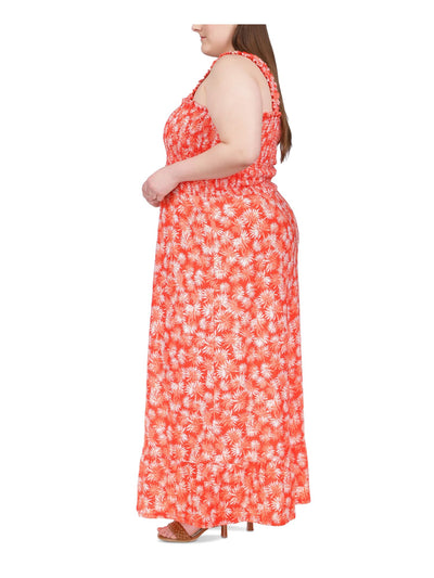 MICHAEL KORS Womens Orange Smocked Ruffled Hem Printed Sleeveless Square Neck Maxi Fit + Flare Dress Plus 1X