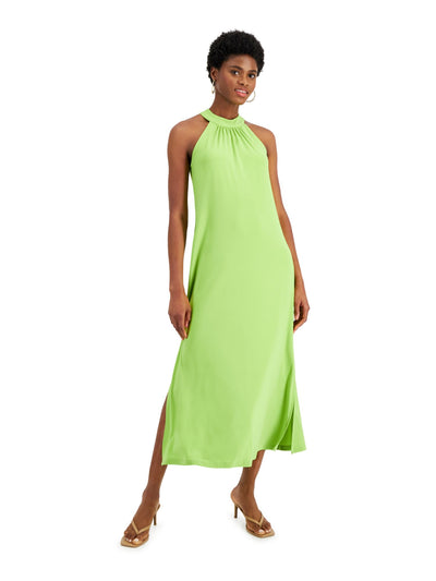 BAR III Womens Green Slitted Gathered Buttoned Back Keyhole Sleeveless Halter Tea-Length Shift Dress XS