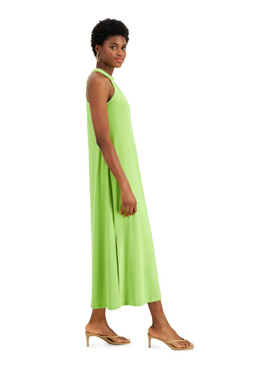 BAR III Womens Green Slitted Gathered Buttoned Back Keyhole Sleeveless Halter Tea-Length Shift Dress XS