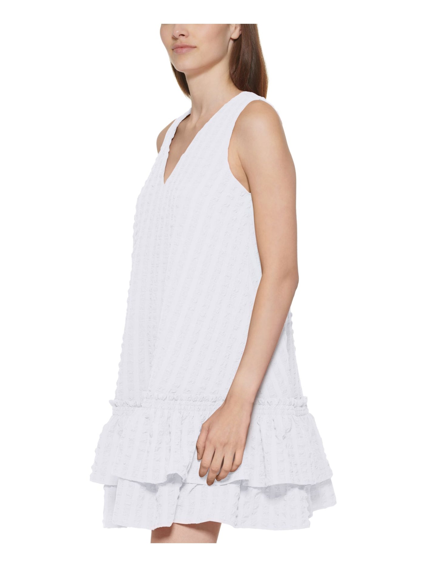 CALVIN KLEIN Womens White Zippered Textured Ruffled Neckline Tiered Hem Flutter Sleeve V Neck Above The Knee Fit + Flare Dress Petites 8P