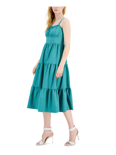 INC DRESSES Womens Green Smocked Adjustable Pullover Tiered Striped Sleeveless Square Neck Midi Fit + Flare Dress 12