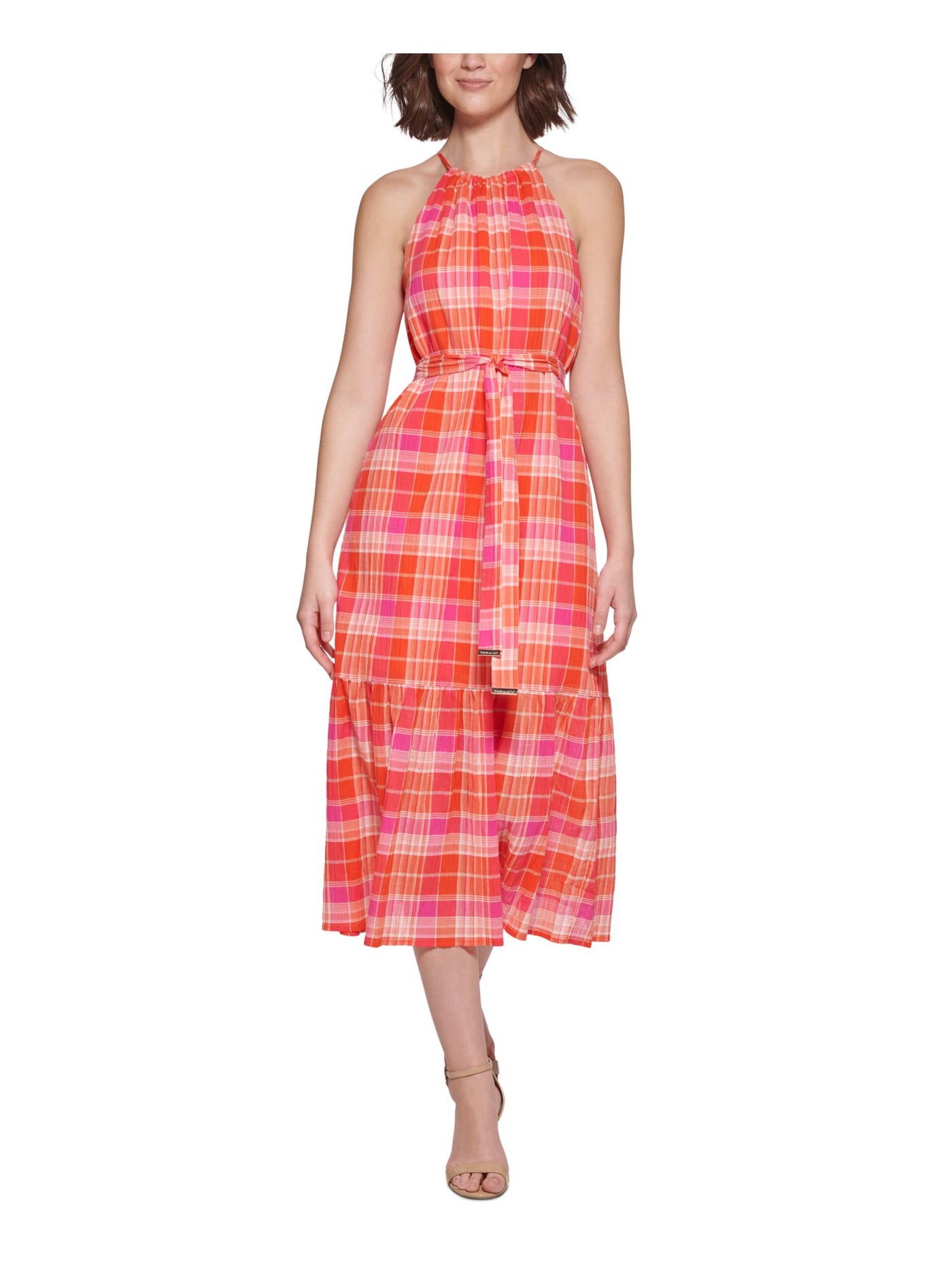 TOMMY HILFIGER Womens Red Tie Keyhole Back Lined Sheer Plaid Sleeveless Halter Midi Fit + Flare Dress 6