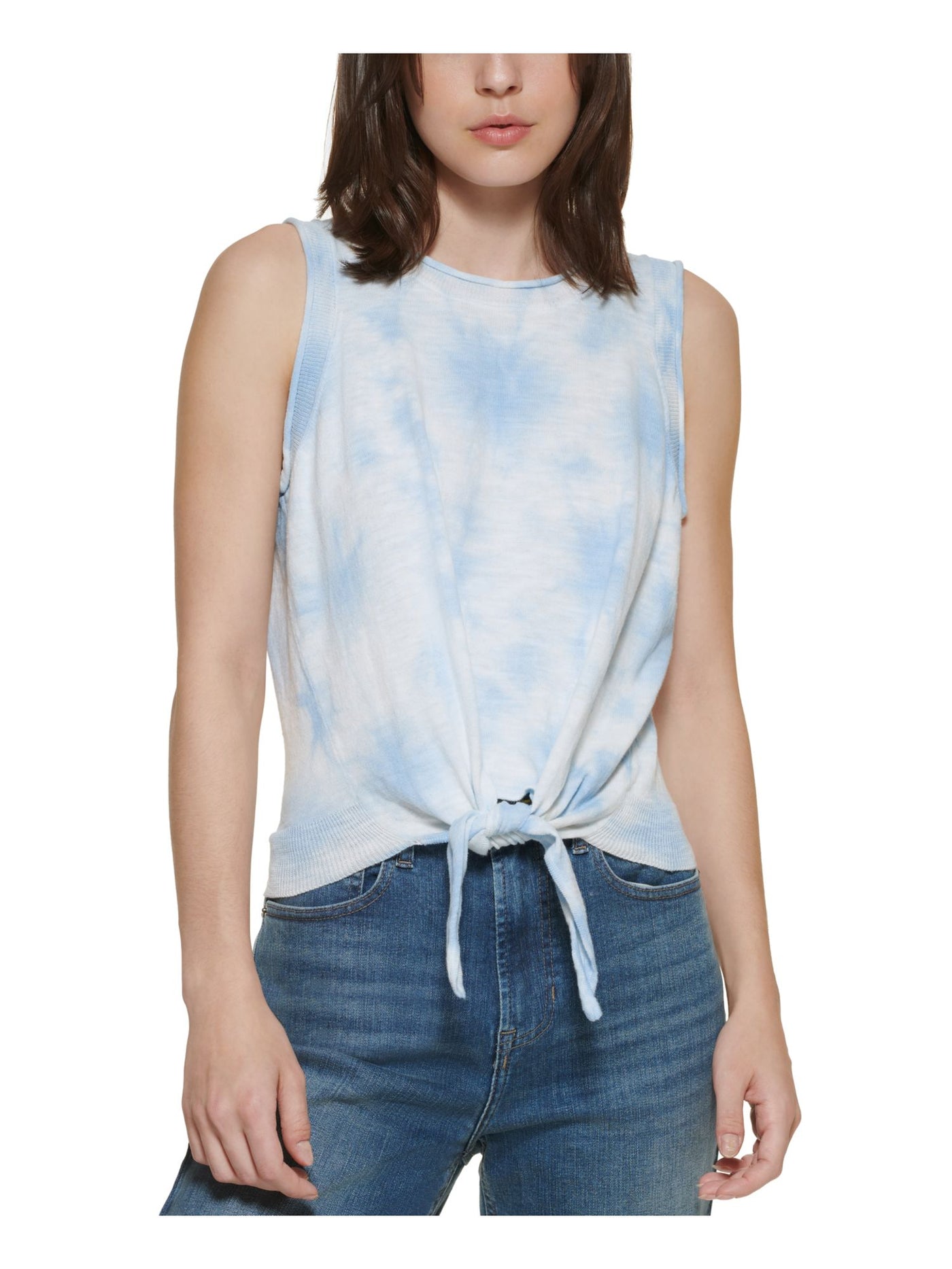 DKNY JEANS Womens Ribbed Sleeveless Tie Front Pullover Crew Neck Tank Top