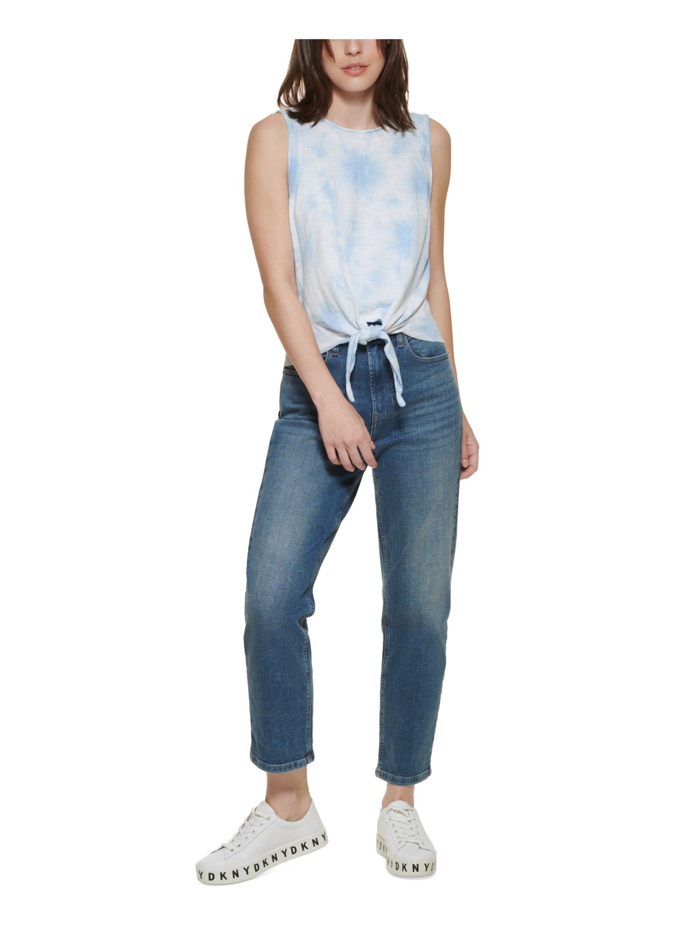 DKNY JEANS Womens Light Blue Ribbed Tie Front Pullover Tie Dye Sleeveless Crew Neck Tank Top XXS