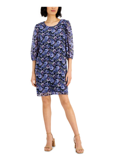 CONNECTED APPAREL Womens Blue Sheer Keyhole Closure Lined Floral 3/4 Sleeve Round Neck Above The Knee A-Line Dress 8