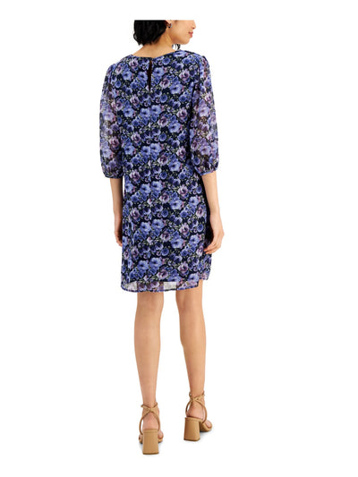 CONNECTED APPAREL Womens Blue Sheer Keyhole Closure Lined Floral 3/4 Sleeve Round Neck Above The Knee A-Line Dress 8