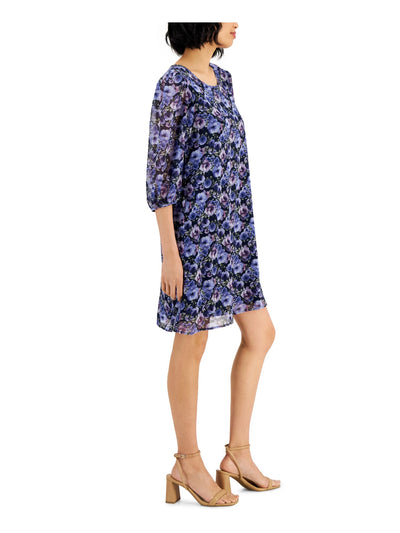 CONNECTED APPAREL Womens Blue Sheer Keyhole Closure Lined Floral 3/4 Sleeve Round Neck Above The Knee A-Line Dress 8