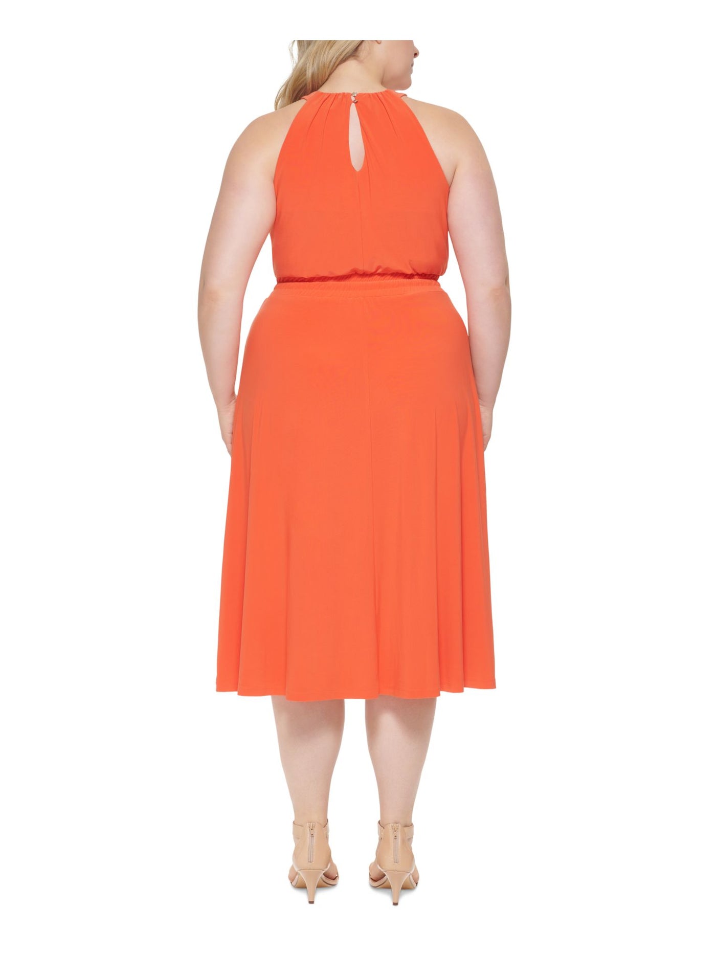 TOMMY HILFIGER Womens Orange Smocked Sheer Drawstring Keyhole Closure Sleeveless Halter Tea-Length Fit + Flare Dress 4