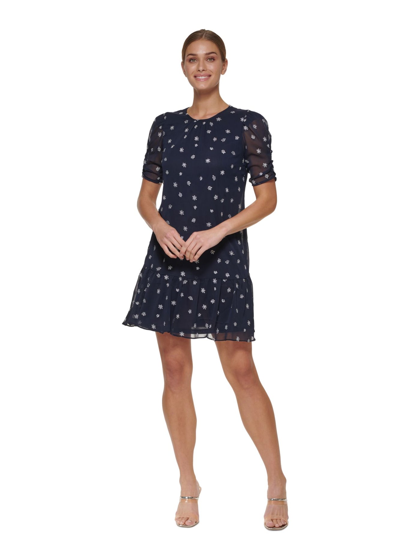 DKNY Womens Navy Gathered Keyhole Back Lined Elbow Sleeve Crew Neck Short Wear To Work Fit + Flare Dress 6