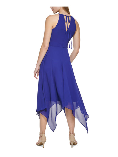 VINCE CAMUTO Womens Blue Zippered Rhinestone Pleated Keyhole Handkerchief-hem Sleeveless Halter Midi Party Fit + Flare Dress Petites 14P