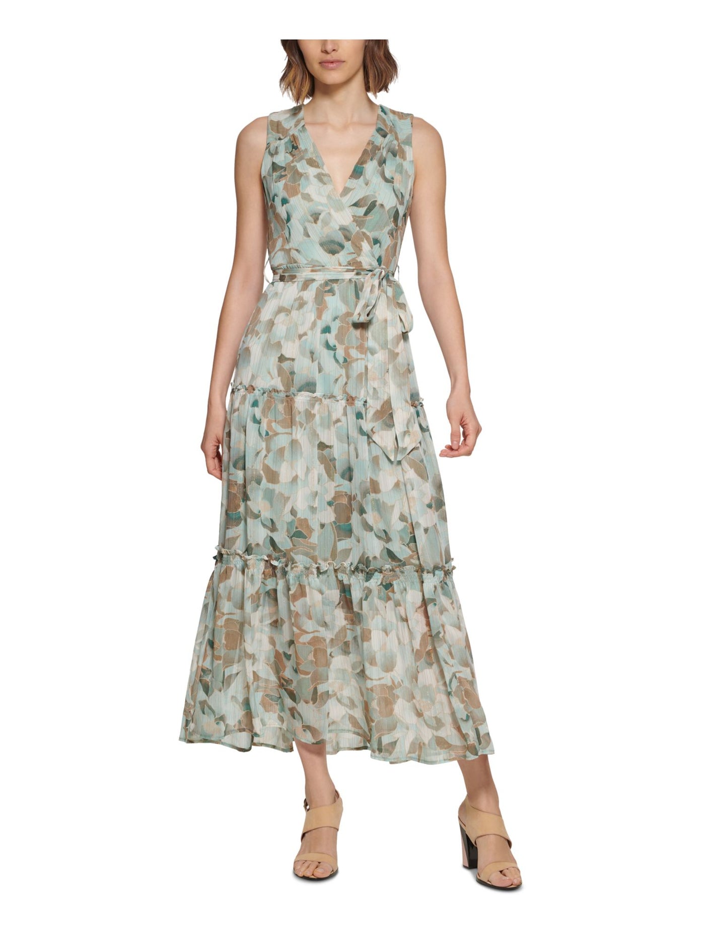 CALVIN KLEIN Womens Green Zippered Sheer Lined Tie Belt Tiered Printed Sleeveless Surplice Neckline Maxi Fit + Flare Dress 2