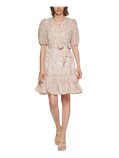 CALVIN KLEIN Womens Beige Zippered Pocketed Tie Belt Lined Printed Pouf Sleeve Split Above The Knee Fit + Flare Dress 14