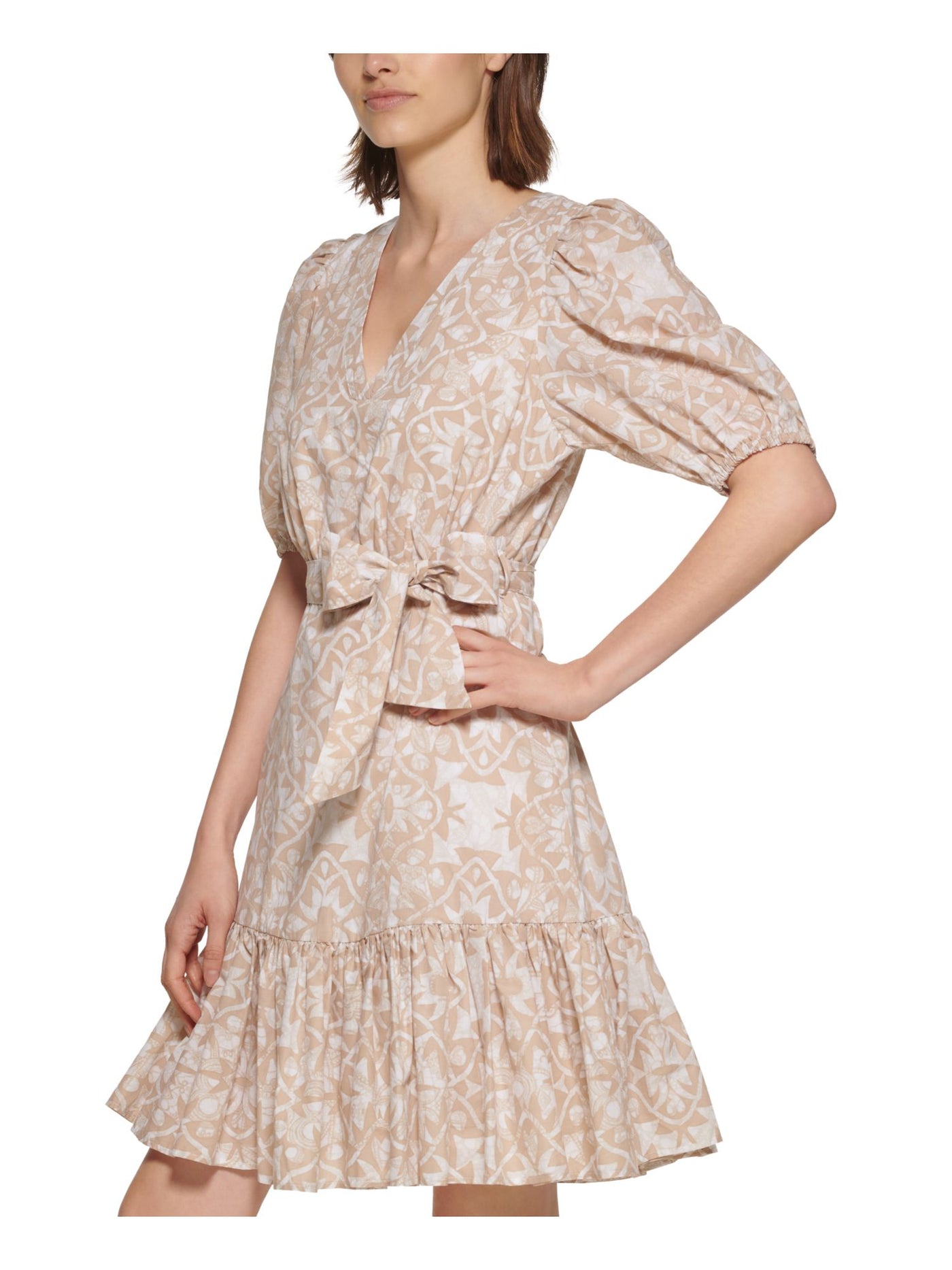 CALVIN KLEIN Womens Beige Zippered Pocketed Tie Belt Lined Printed Pouf Sleeve Split Above The Knee Fit + Flare Dress 14