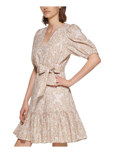 CALVIN KLEIN Womens Beige Zippered Pocketed Tie Belt Lined Printed Pouf Sleeve Split Above The Knee Fit + Flare Dress 14