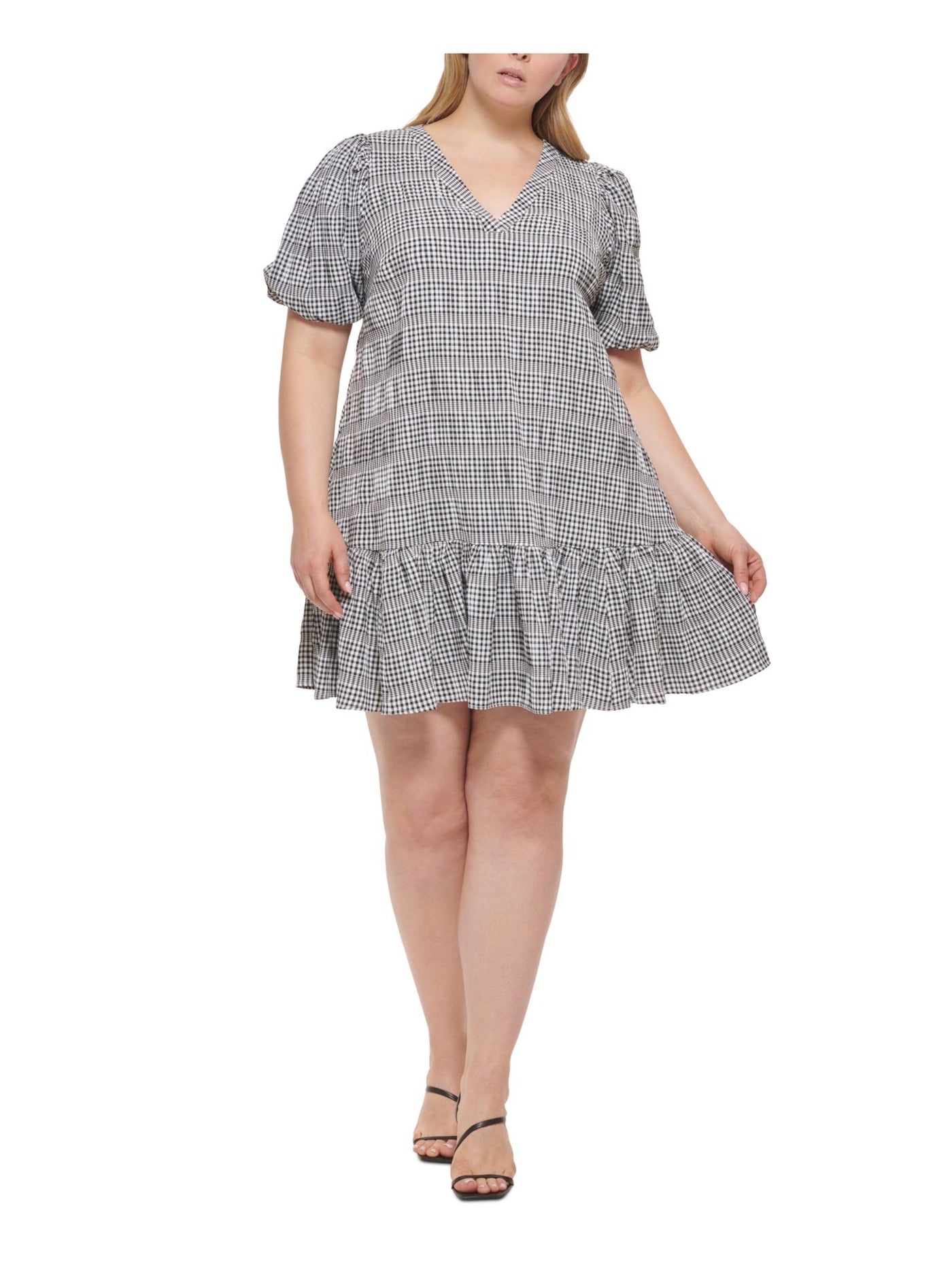 CALVIN KLEIN Womens Black Unlined Ruffled Pullover Darted Check Pouf Sleeve V Neck Above The Knee Fit + Flare Dress Plus 20W