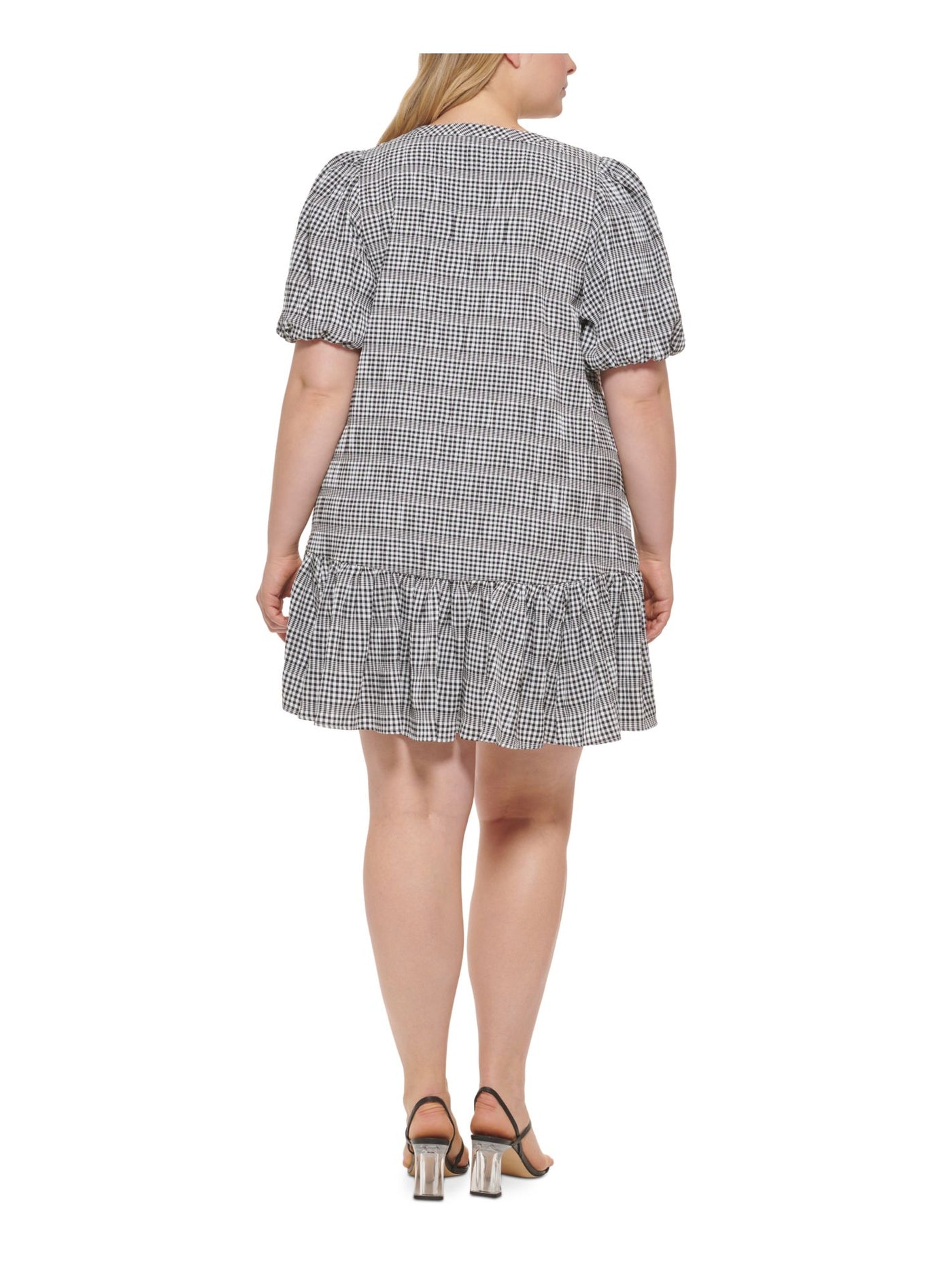 CALVIN KLEIN Womens Black Unlined Ruffled Pullover Darted Check Pouf Sleeve V Neck Above The Knee Fit + Flare Dress Plus 20W