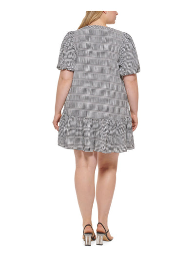CALVIN KLEIN Womens Black Unlined Ruffled Pullover Darted Check Pouf Sleeve V Neck Above The Knee Fit + Flare Dress Plus 20W