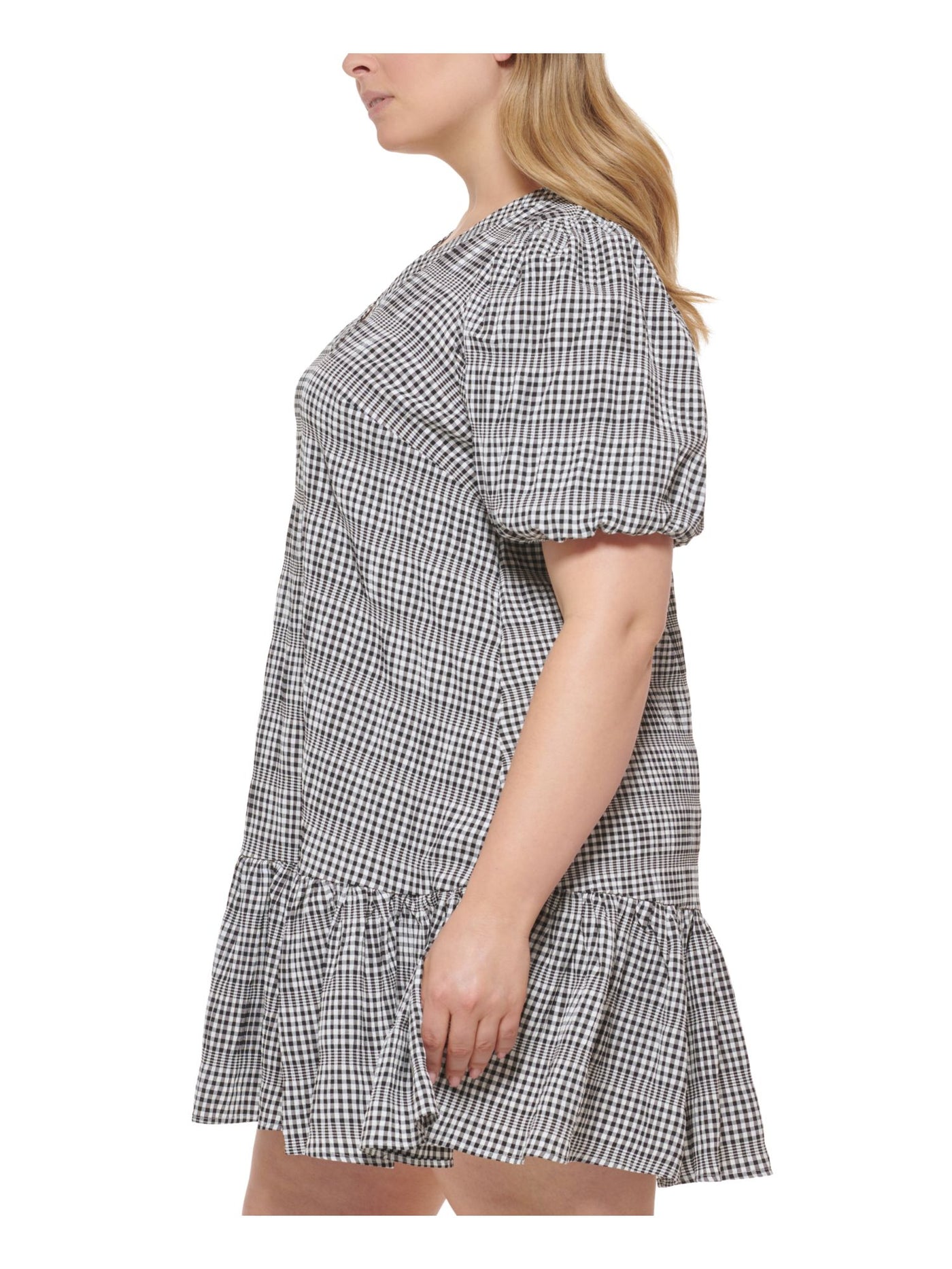 CALVIN KLEIN Womens Black Unlined Ruffled Pullover Darted Check Pouf Sleeve V Neck Above The Knee Fit + Flare Dress Plus 20W