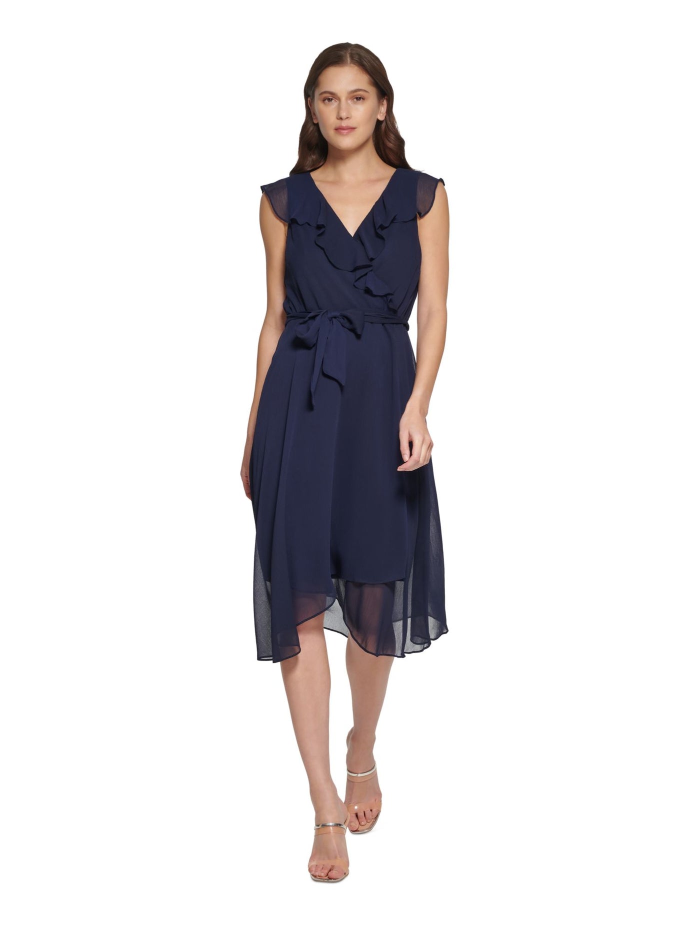 DKNY Womens Navy Zippered Textured Sheer Lined Ruffled Tie Belt Flutter Sleeve Surplice Neckline Midi Faux Wrap Dress 16