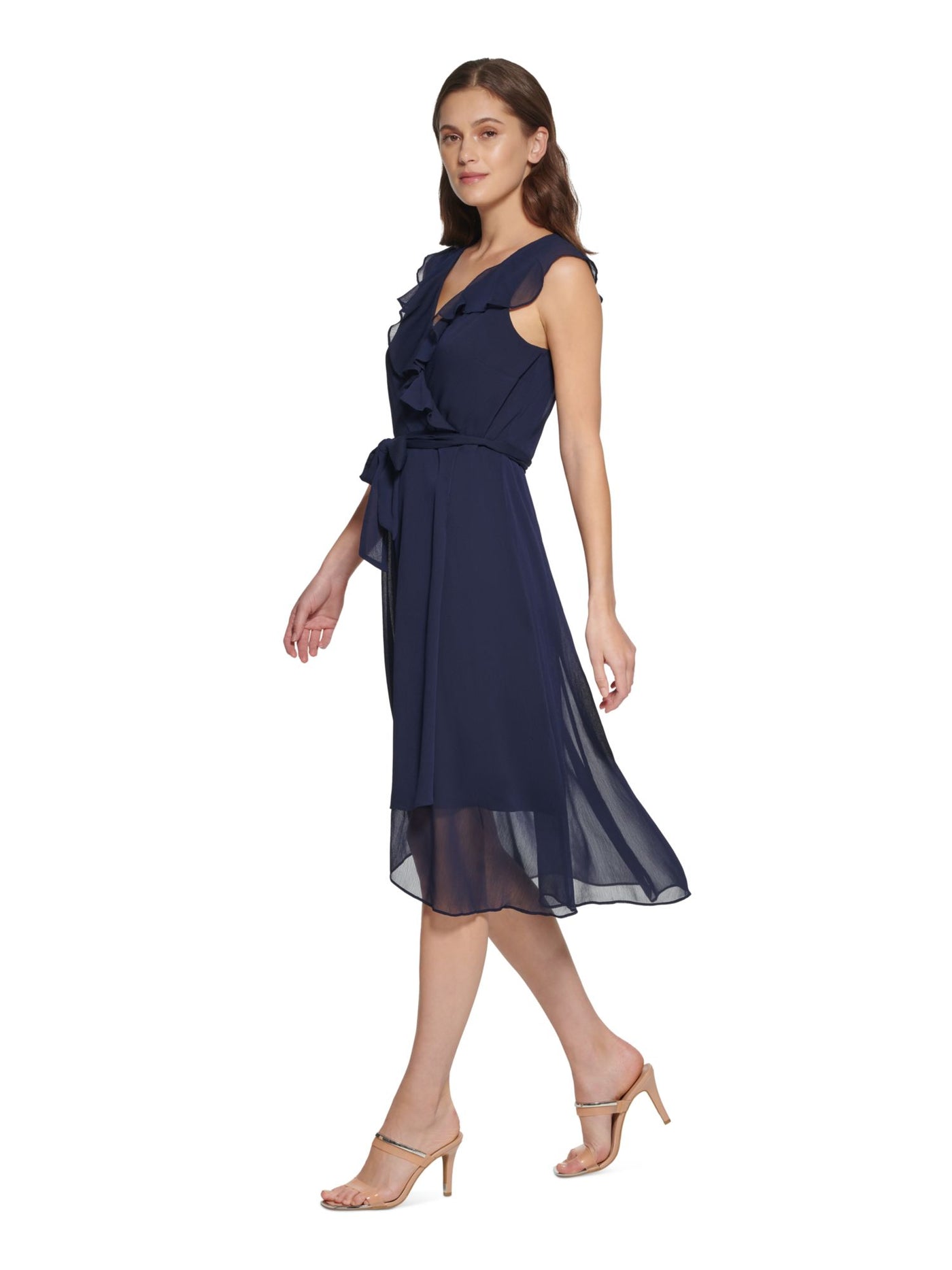 DKNY Womens Navy Zippered Textured Sheer Lined Ruffled Tie Belt Flutter Sleeve Surplice Neckline Midi Faux Wrap Dress 16