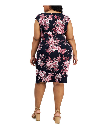 CONNECTED APPAREL Womens Navy Floral Cap Sleeve Round Neck Knee Length Wear To Work Sheath Dress Plus 22W