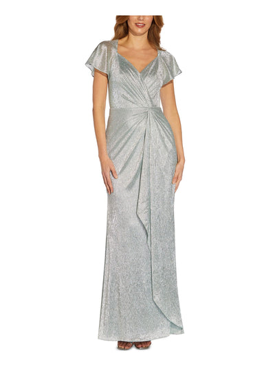 ADRIANNA PAPELL Womens Green Zippered Twist Front Lined Hi Slit Pleated Sheer Flutter Sleeve Sweetheart Neckline Full-Length Formal Gown Dress 6