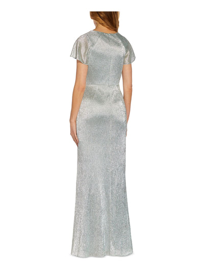 ADRIANNA PAPELL Womens Green Zippered Twist Front Lined Hi Slit Pleated Sheer Flutter Sleeve Sweetheart Neckline Full-Length Formal Gown Dress 6