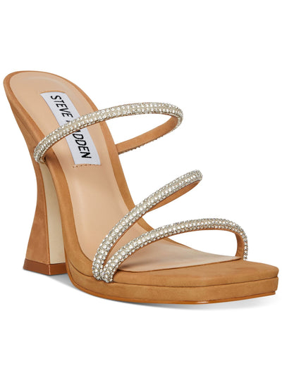 STEVE MADDEN Womens Beige 1/2" Platform Padded Rhinestone Libbie Square Toe Slip On Dress Heeled Sandal 9.5 M