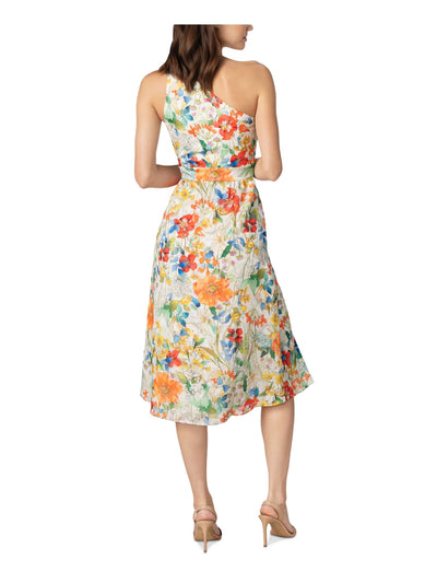 DRESS THE POPULATION Womens White Cut Out Pocketed Lined Slit Boning Zippered Floral Sleeveless Asymmetrical Neckline Below The Knee Fit + Flare Dress XXS