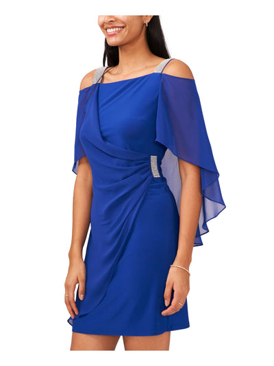 MSK Womens Blue Rhinestone Ruched Caplet Draped Side Pullover Flutter Sleeve Square Neck Above The Knee Evening Shift Dress S