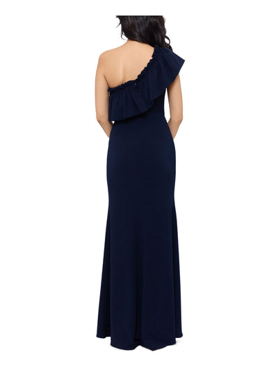 BETSY & ADAM Womens Navy Ruffled Pleated Zippered Lined Cap Sleeve Asymmetrical Neckline Full-Length Formal Gown Dress 4