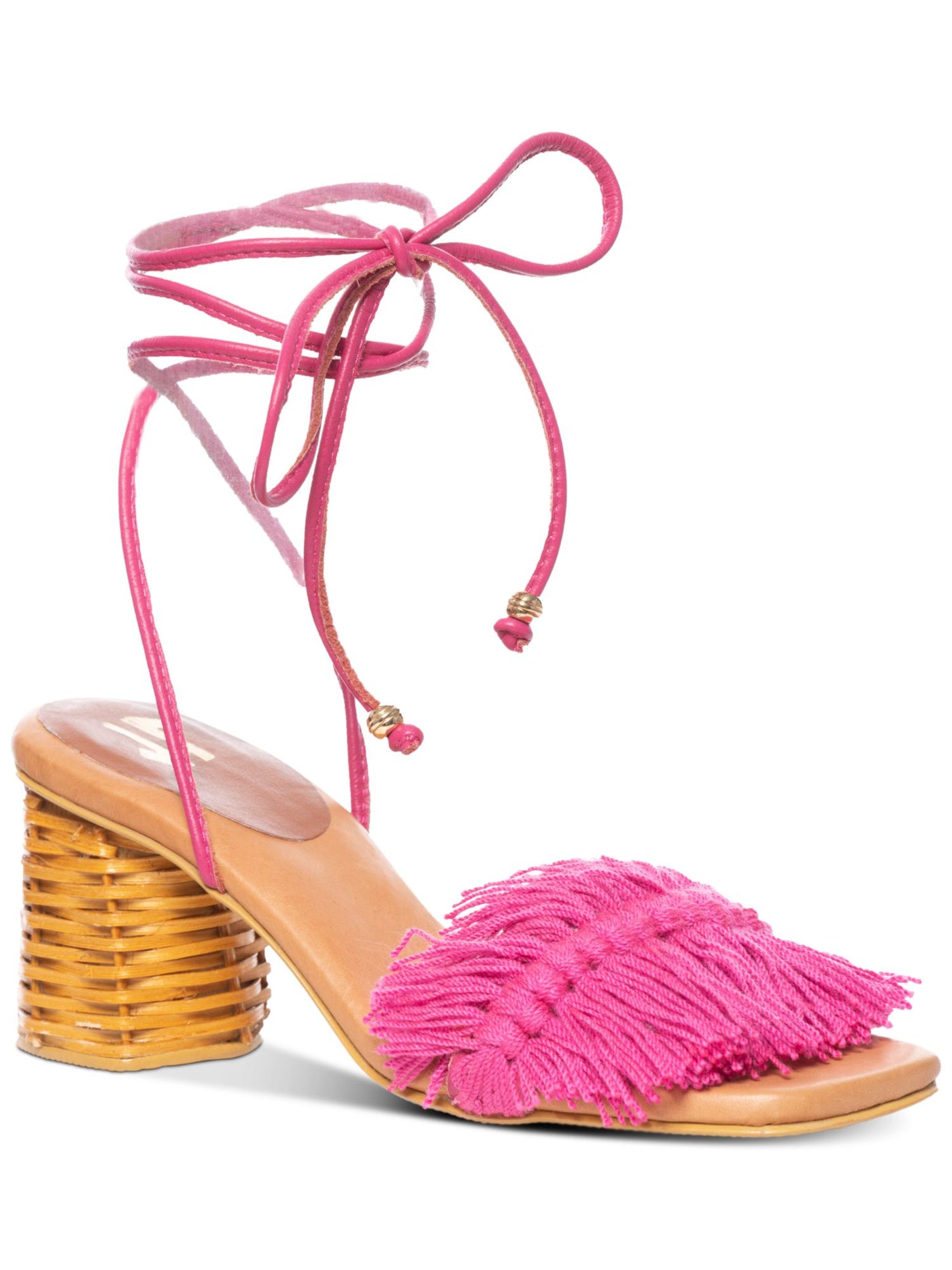 SILVIA COBOS Womens Pink Wrapping Ankle-Tie Fringed Woven Canasto Square Toe Block Heel Lace-Up Leather Dress Sandals Shoes 5.5