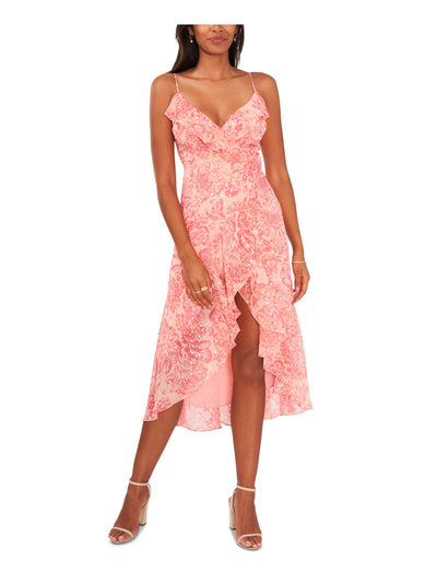 MSK Womens Pink Zippered Adjustable Sheer Lined Ruffled Floral Spaghetti Strap V Neck Midi Hi-Lo Dress Petites PM