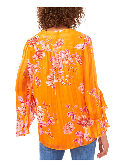 VINCE CAMUTO Womens Orange Lined Overlap Hem Floral Flutter Sleeve V Neck Blouse S