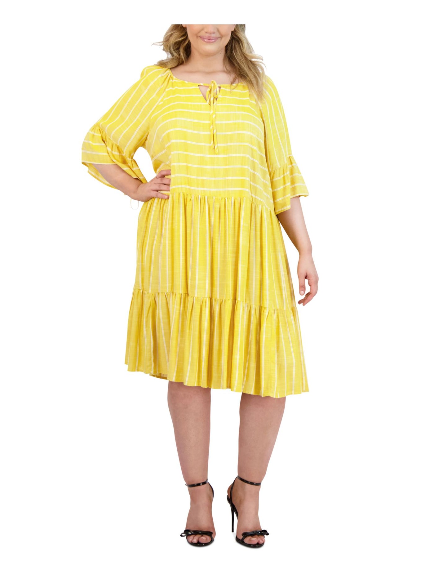 ROBBIE BEE Womens Yellow Tie Ruffled Unlined Striped 3/4 Sleeve V Neck Knee Length A-Line Dress Plus 22W